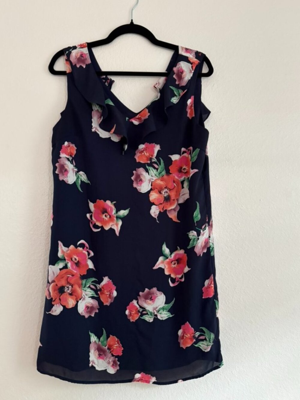 Skies Are Blue Size S Navy Floral Ruffle Neck Sleeveless Casual Midi Dress